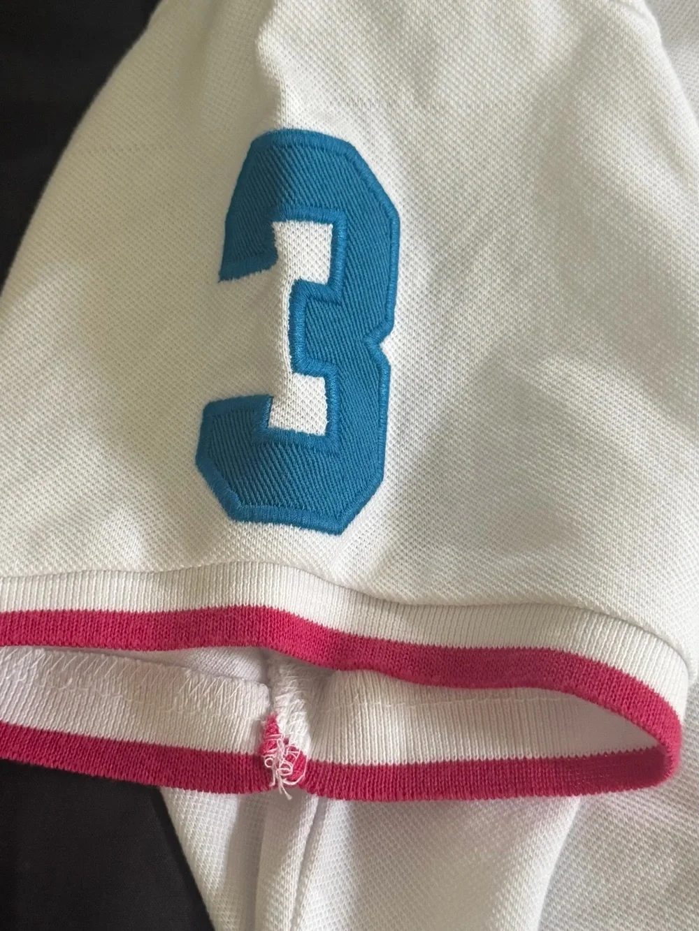U.S. Polo Assn. White Polo with Pink Trim and Blue Sleeve Number